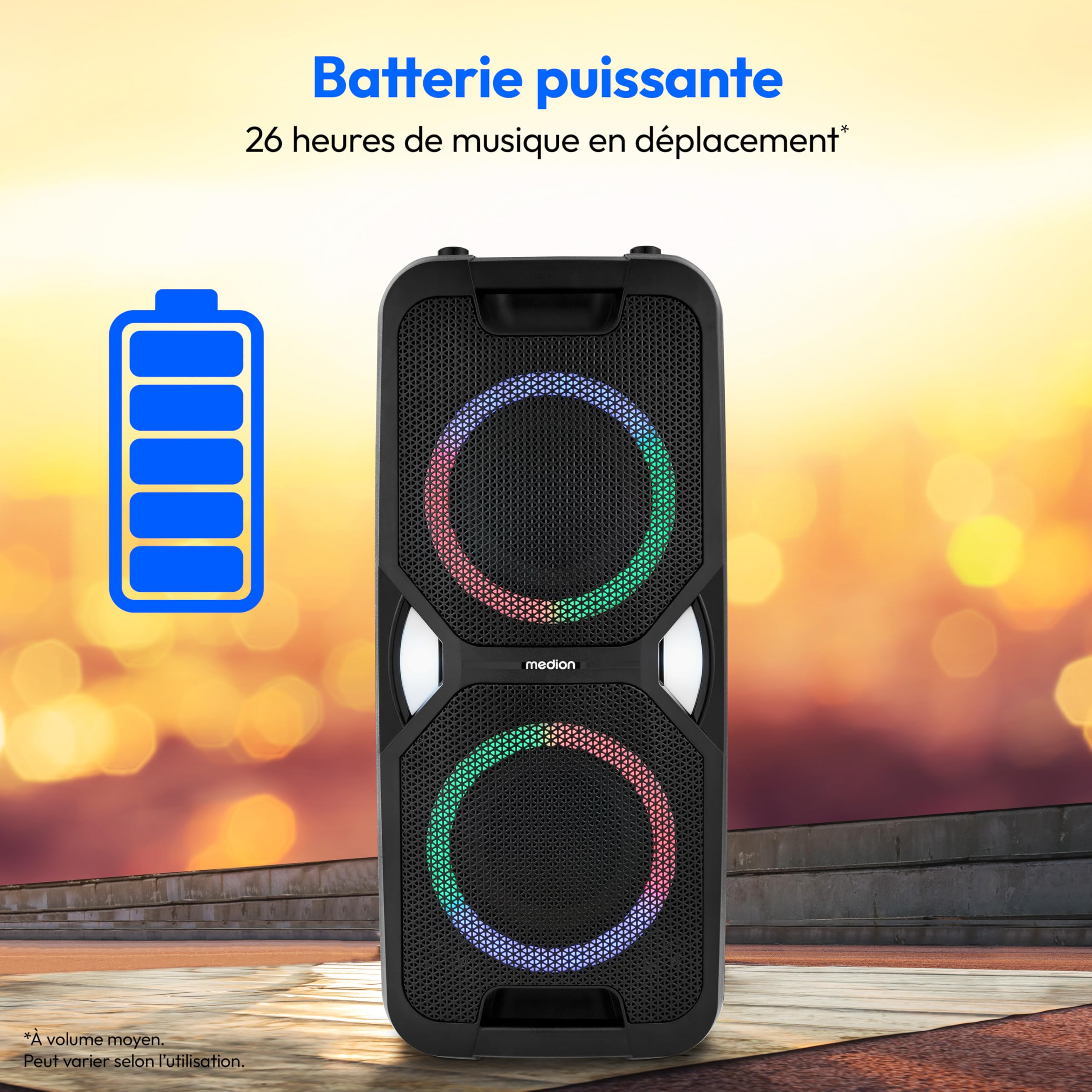 MEDION PE-1 Pure Enceinte Portable de soirée (Enceinte Bluetooth, Partybox avec Batterie, Enceinte avec Micro, Karaoke Adulte, Jeu de lumières, 26 Heures d'autonomie, AUX, USB, Radio, MD 400000)