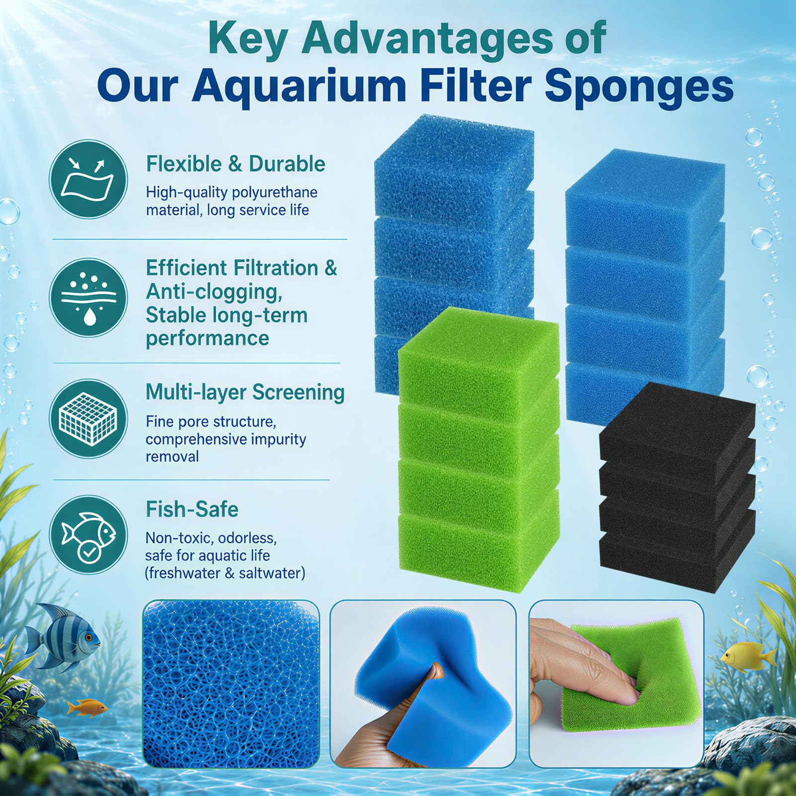 16stk Aquarium Filterschwamm Juwel Filtermedien M Kompatibel mit Juwel Compact/Bioflow 3.0 M, Set mit Blau Grob/Fein, Grün Nitrat, Aktivkohle, Nitratreduktion, Süß- & Salzwasser geeignet