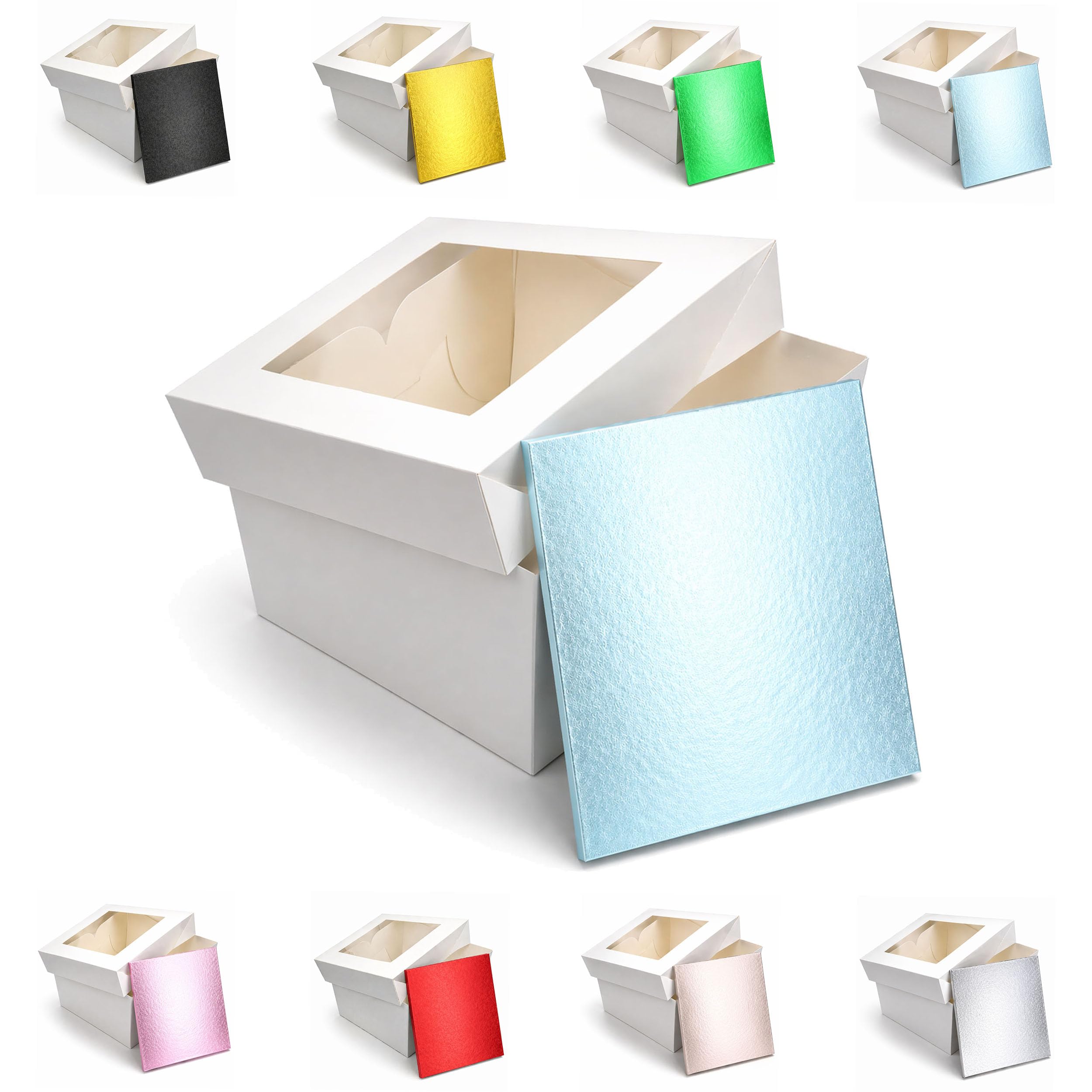 LARRYROO Square Colour Cake Drum Board & White Box with Clear Display Window + Lid Combo Pack for Wedding, Birthday Cakes (Light Blue, 10 Inch)