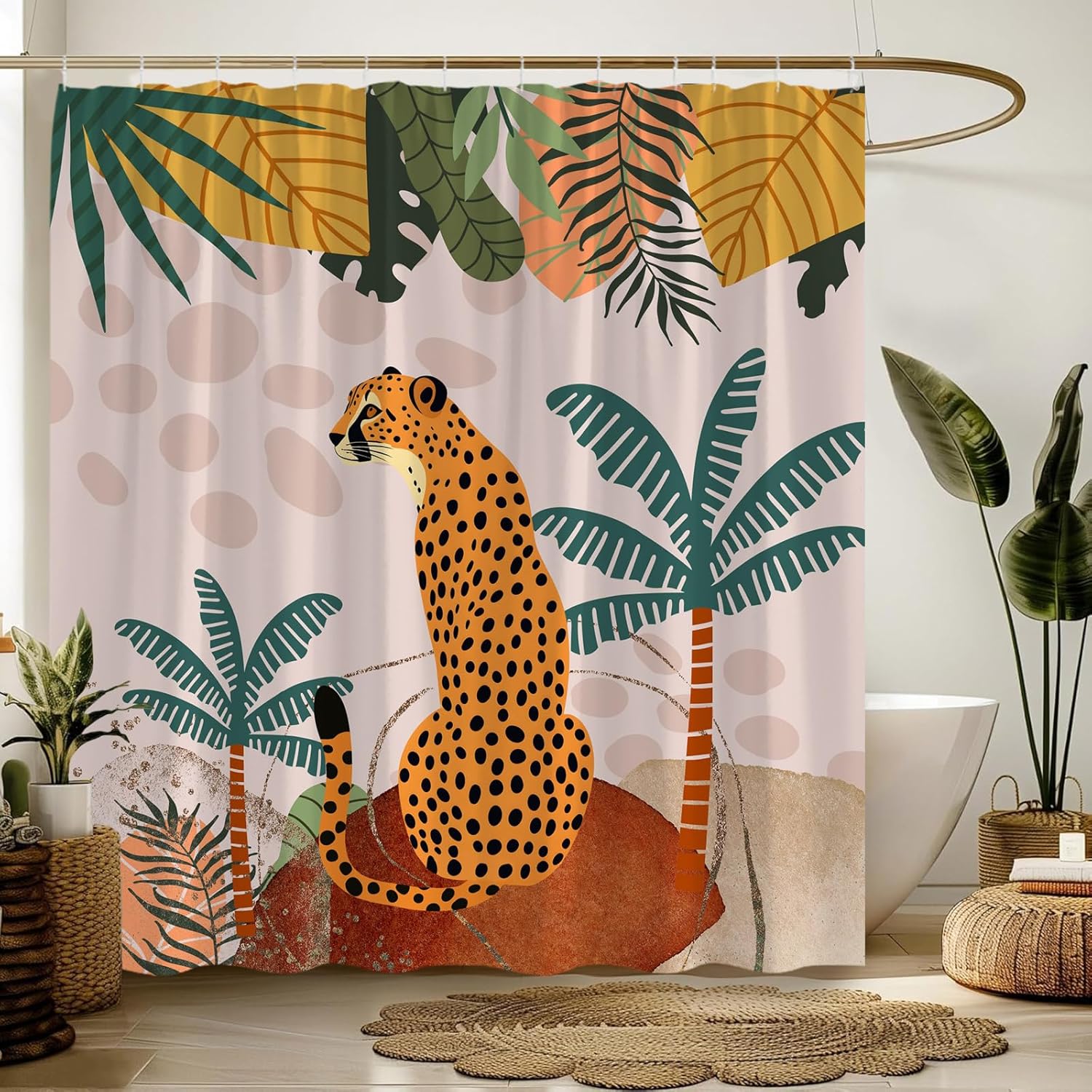 Tropical Shower Curtain Pineapple Summer Fruit Green Leaves Floral Cute Colorful Polyester Bathroom Curtains with Hooks,Green