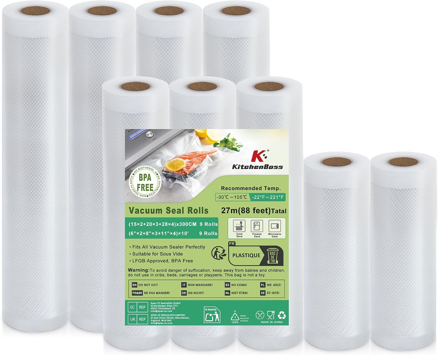 KitchenBoss Food Vacuum Bags Rolls：9 Rolls Food Vacuum Sealer Film,Vacuum Sealer Roll 15/20/28x300cm Suitable for Sous Vide Machine/Sous Vide Cooking/Microwave Oven