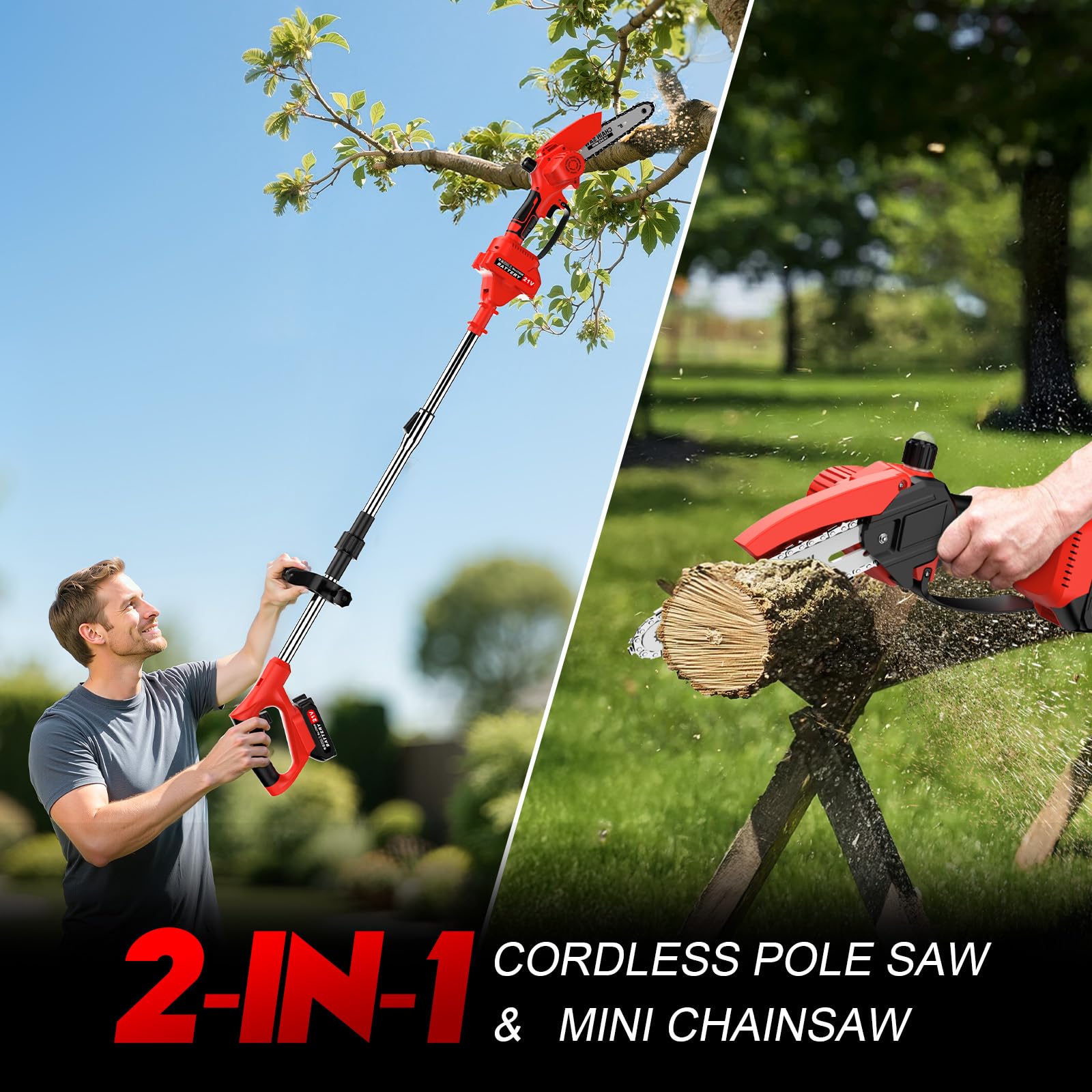 2-in-1 Akku Teleskop Hochentaster, 8 Zoll Hochentaster Akku Elektrisch, Elektrisch 21V Teleskop Astsäge Astschere Hochentaster mit 2 x 1500mAh, für Gartenscheren Astschere Holzschneidenz