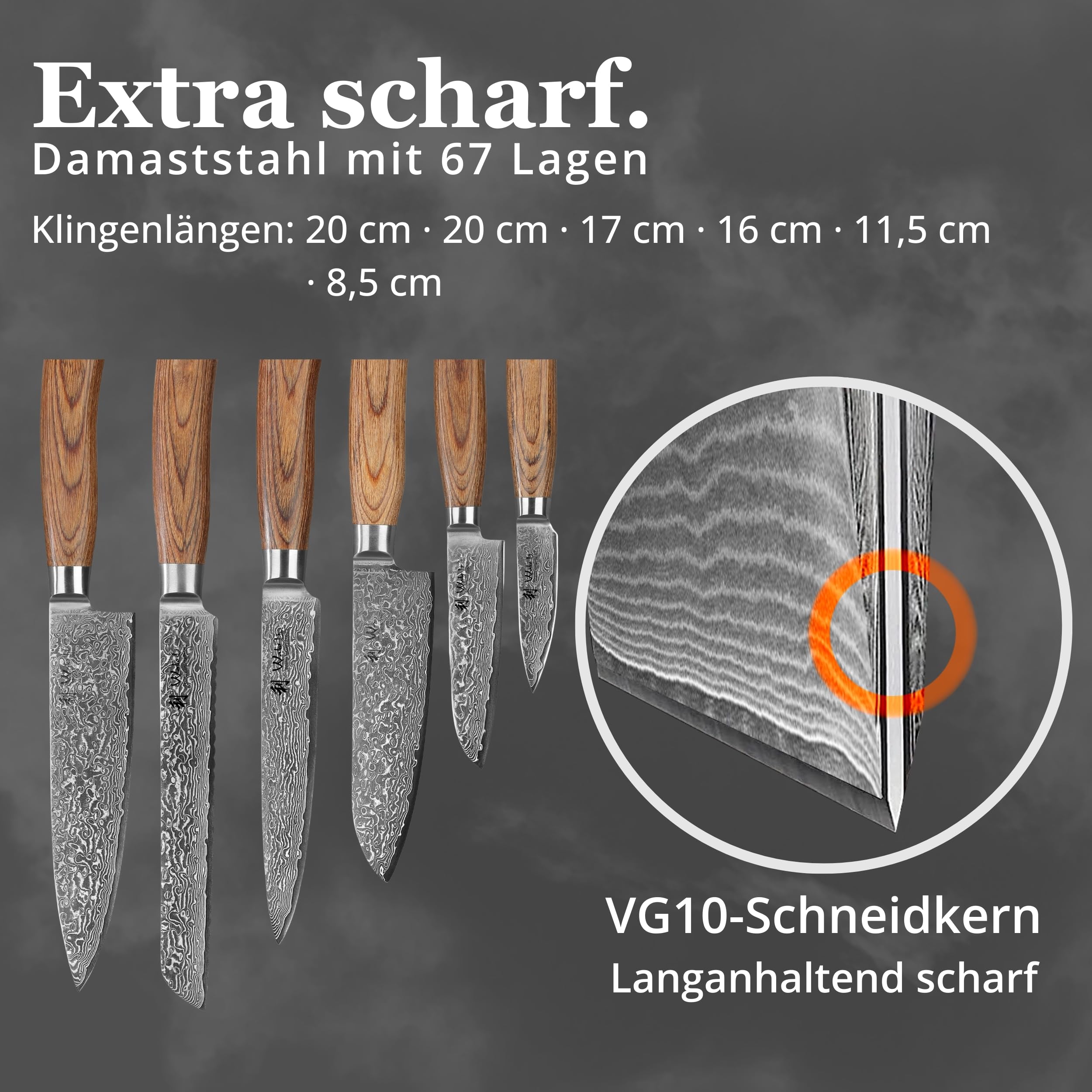 Wakoli EDIB Pro Messerblock Set mit 6 Damastmessern, 67 Lagen, VG10-Kern | Enthält Chefmesser, Brotmesser, Fleischmesser, Santoku, kleines Santoku und Officemesser sowie magnetischen Akazienholzblock