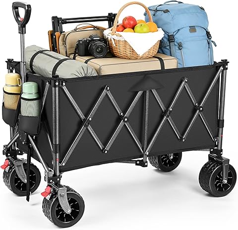 YEAUPE PRO Carro Playa Plegable Todo Terreno – con Frenos Dobles, Ruedas Anchas y Estructura Reforzada, Gran Capacidad (200L/150kg), Mango Ajustable, Playa, Camping, Negro