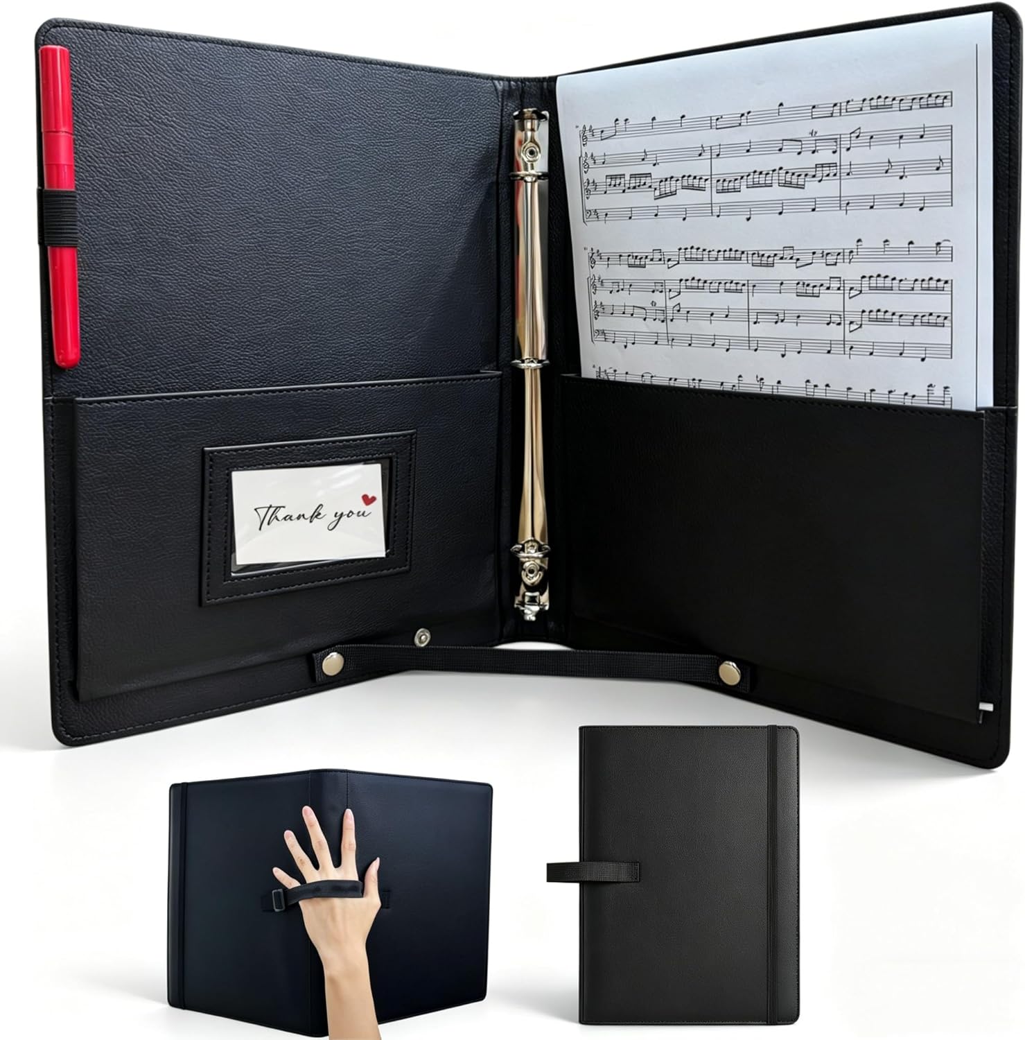 Music Folder for Sheet Music, Leather 3 Ring Binder 8.5 x 11, Choir Folder with Elastic Strap, Sheet Music Binder Organizer for Choral, Band & Work Music