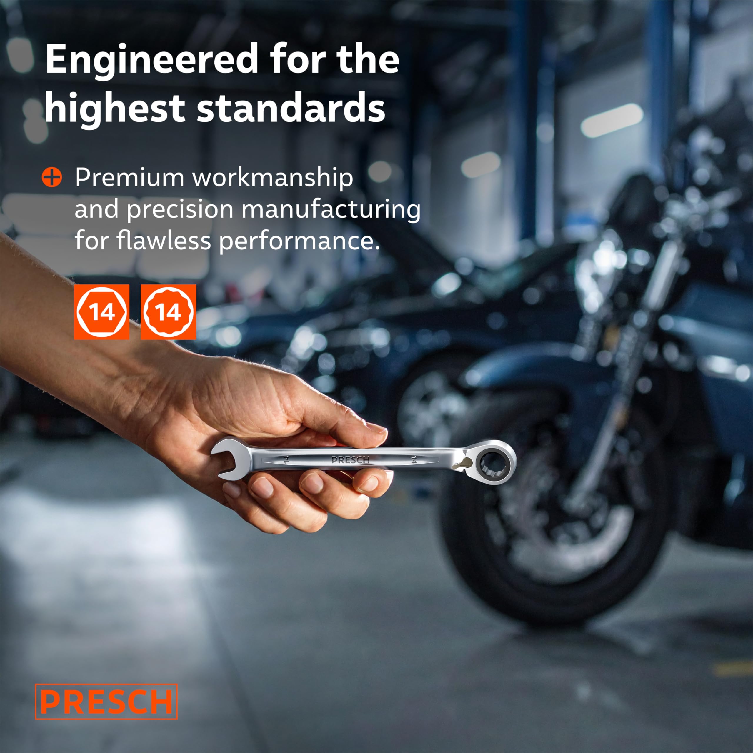 PRESCH Ratchet Spanner Reversible 14mm, Minimal Return Angle (4°, 90 Teeth), 15° Offset for Tight Spaces, Precision-machined - Image 2