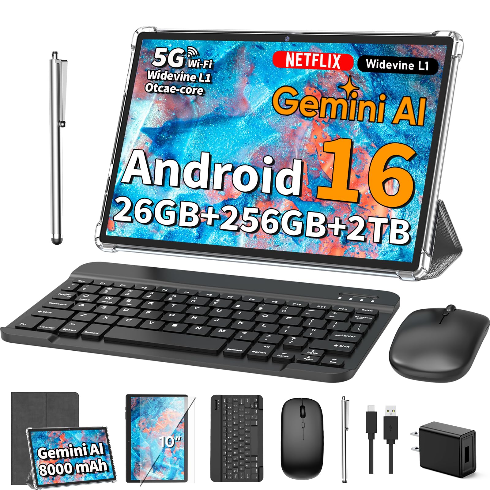10 Inch Tablet with Keyboard - Android 16 Tablet with 26GB+256GB+2TB Expand Silver