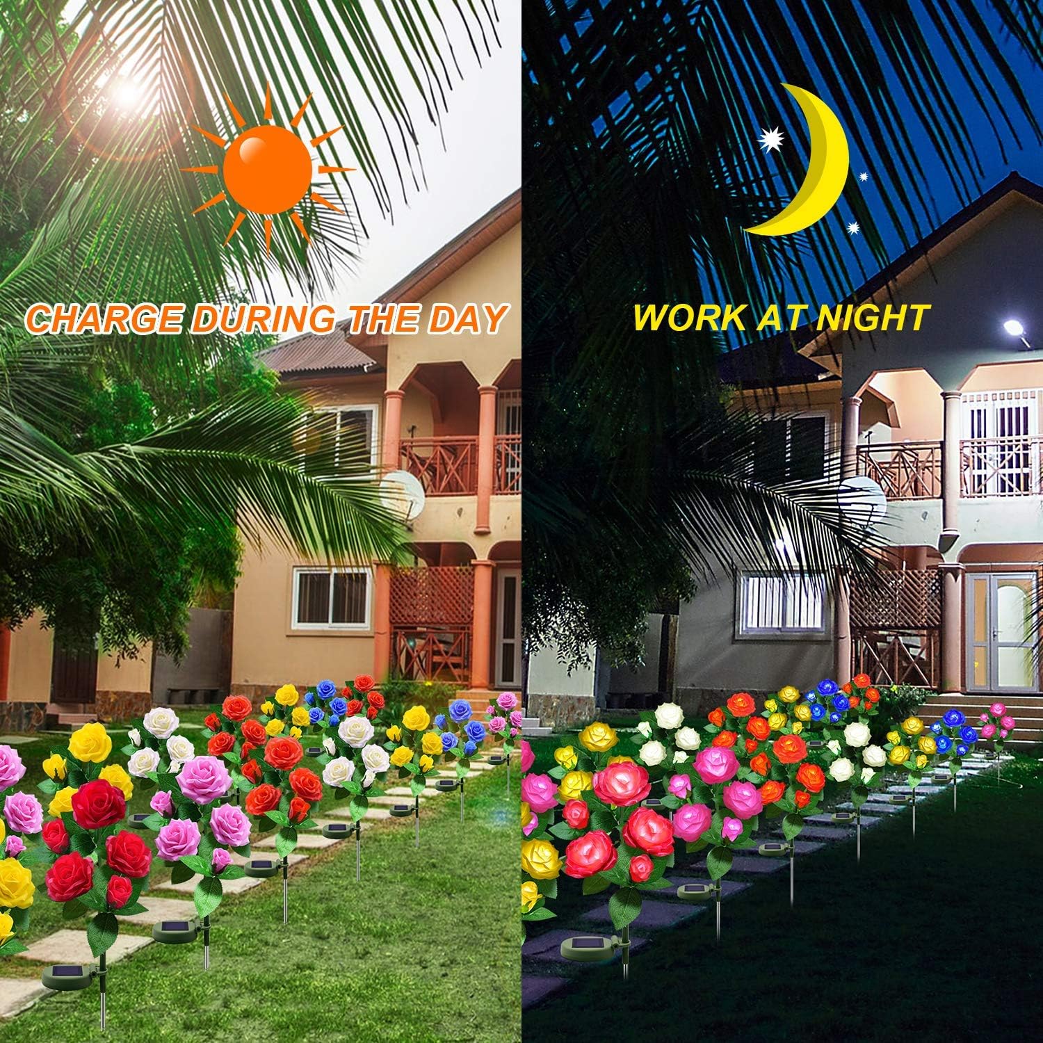 Solar Flower Lights Outdoor - Upgraded New Material Two Modes Realistic LED Solar Powered Waterproof Lights with 5 Roses, Solar Decorative Stake Lights for Garden (Orange, 2 Pack)