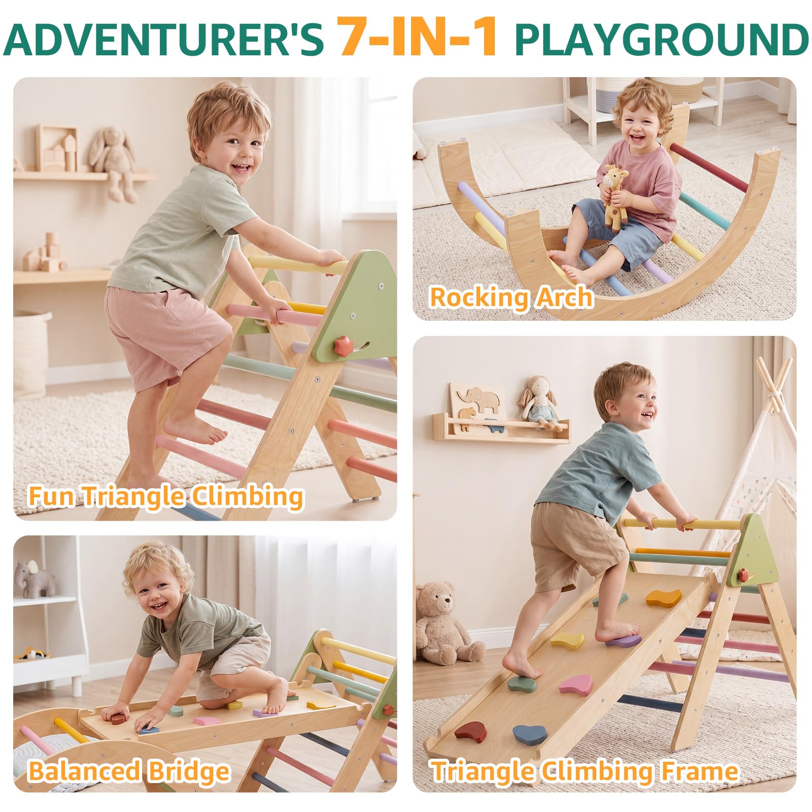 Montessori Klettergerüst Indoor Set, 7-in-1 Holz Kletterspielzeug, Faltbares Pikler-Dreieck-Set mit Rutsche, Leiter & Spielbogen, Indoor Spielgerät für Babys & Kinder 1-3 Jahre - Regenbogen