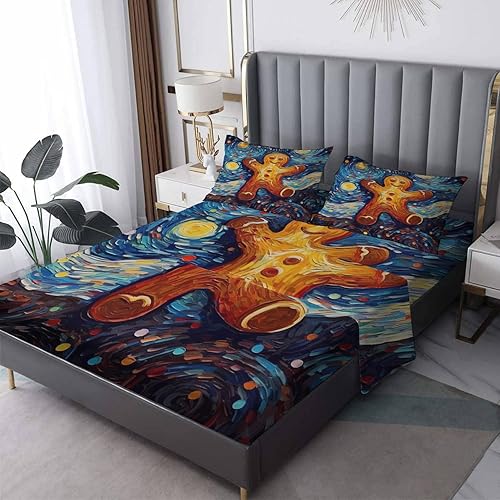 Juego de sábanas tamaño Queen con diseño de hombre de jengibre navideño, sábanas de microfibra suave, bolsillo profundo, sábanas y fundas de