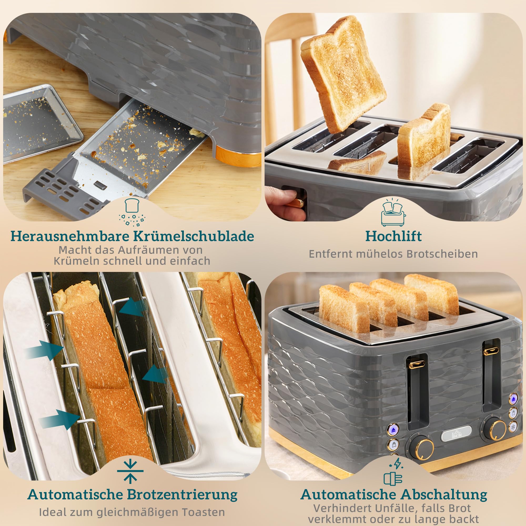 HOMCOM Tostapane a 4 fette con 7 livelli di doratura, alta sollevamento, funzione riscaldamento/scongelamento/demolizione, autocentrante, cassetto raccogli briciole estraibile, spegnimento automatico