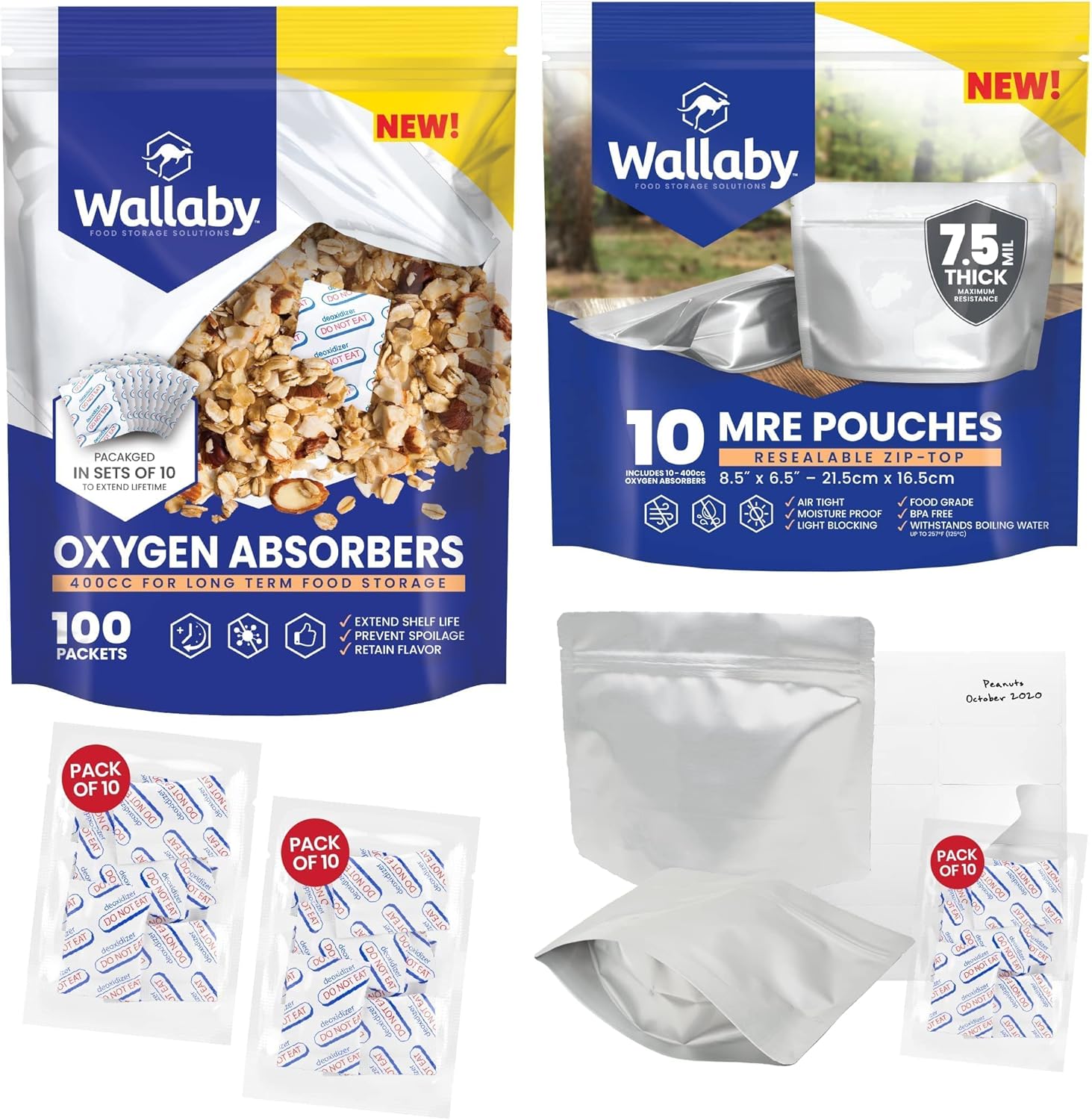Wallaby 400cc Oxygen Absorbers - 100 Count (10x Packs of 10) + MRE Meal Prep Mylar Bag Bundle - 10x (7.5 Mil - 6.5" x 8.5’’) Stand-Up Zipper Pouches