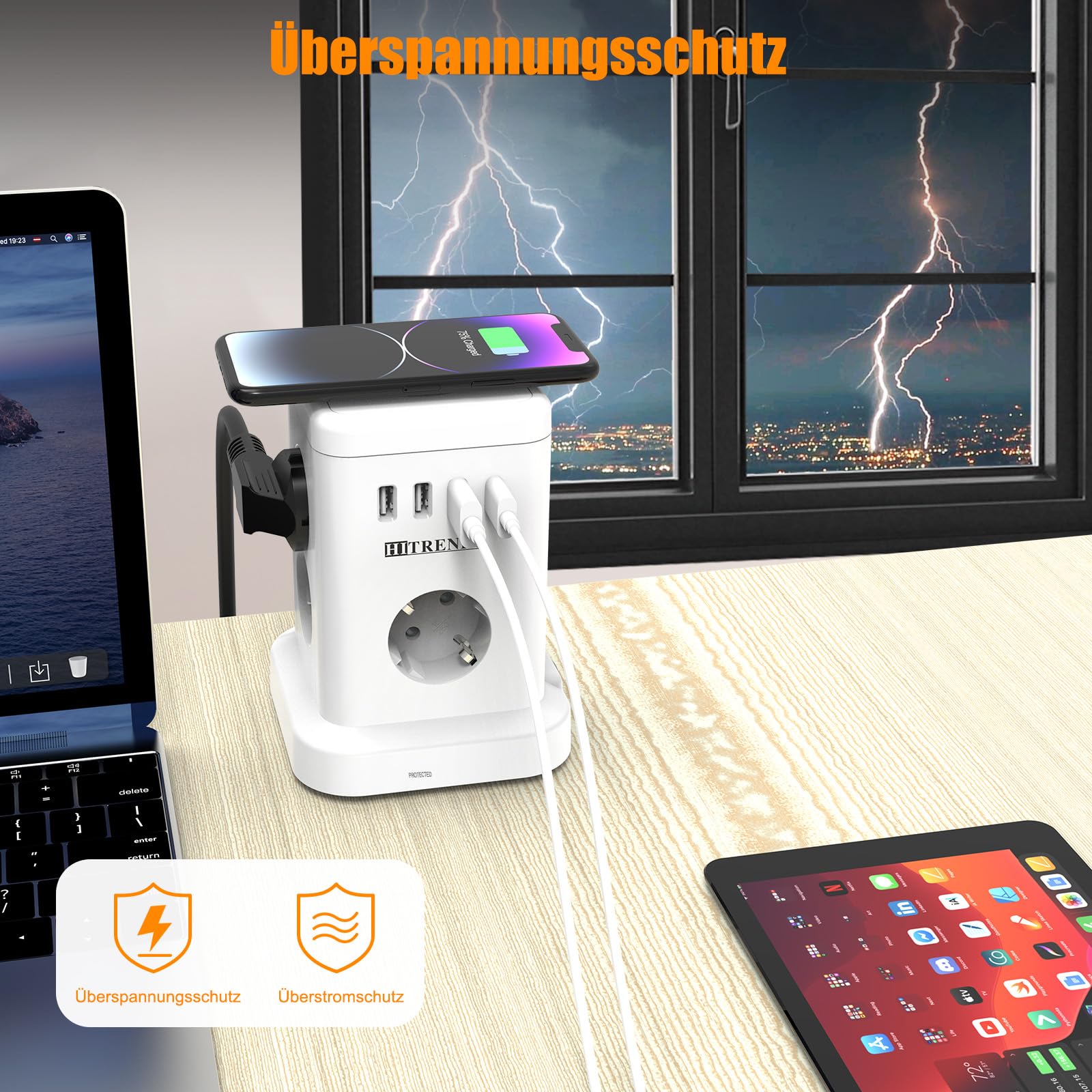 Torre de 7 enchufes con cargador inalámbrico, protección contra sobretensiones, interruptor, 10 A, 2300 W, regleta (7 Schuko + 4 USB), enchufe múltiple con cable de extensión de 2 m, para oficina