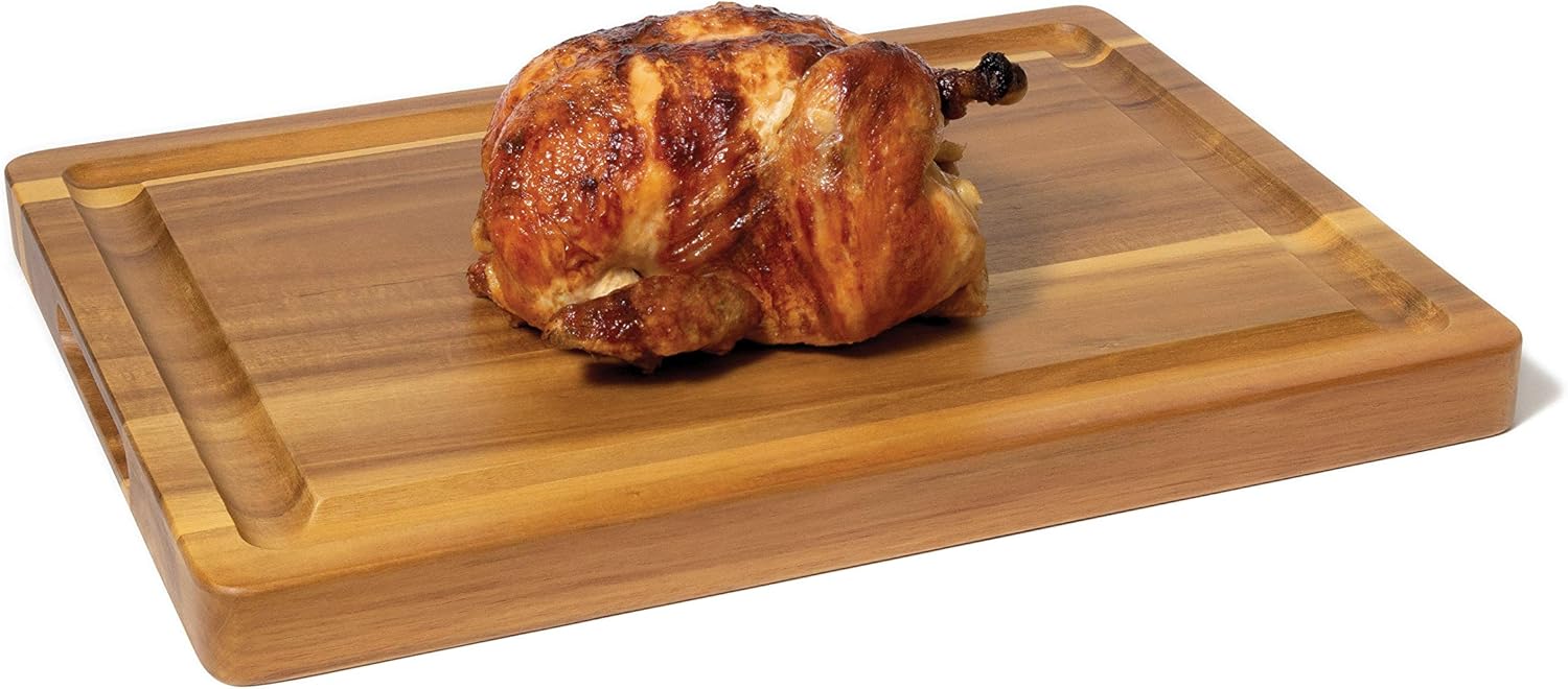 lipper international 1250 acacia 1 1/2" thick carving board with deep well and inset handles for cutting or serving meat, 20" x 15" x 1 1/2"