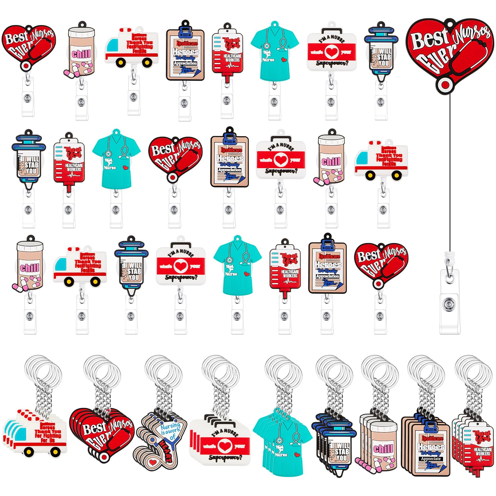Henoyso 60 Pcs Nurse Badge Reel Keychain Christmas Nurse Gift Retractable Nursing Badge Holder ID Reel Rn Appreciation Gift Accessories for Women