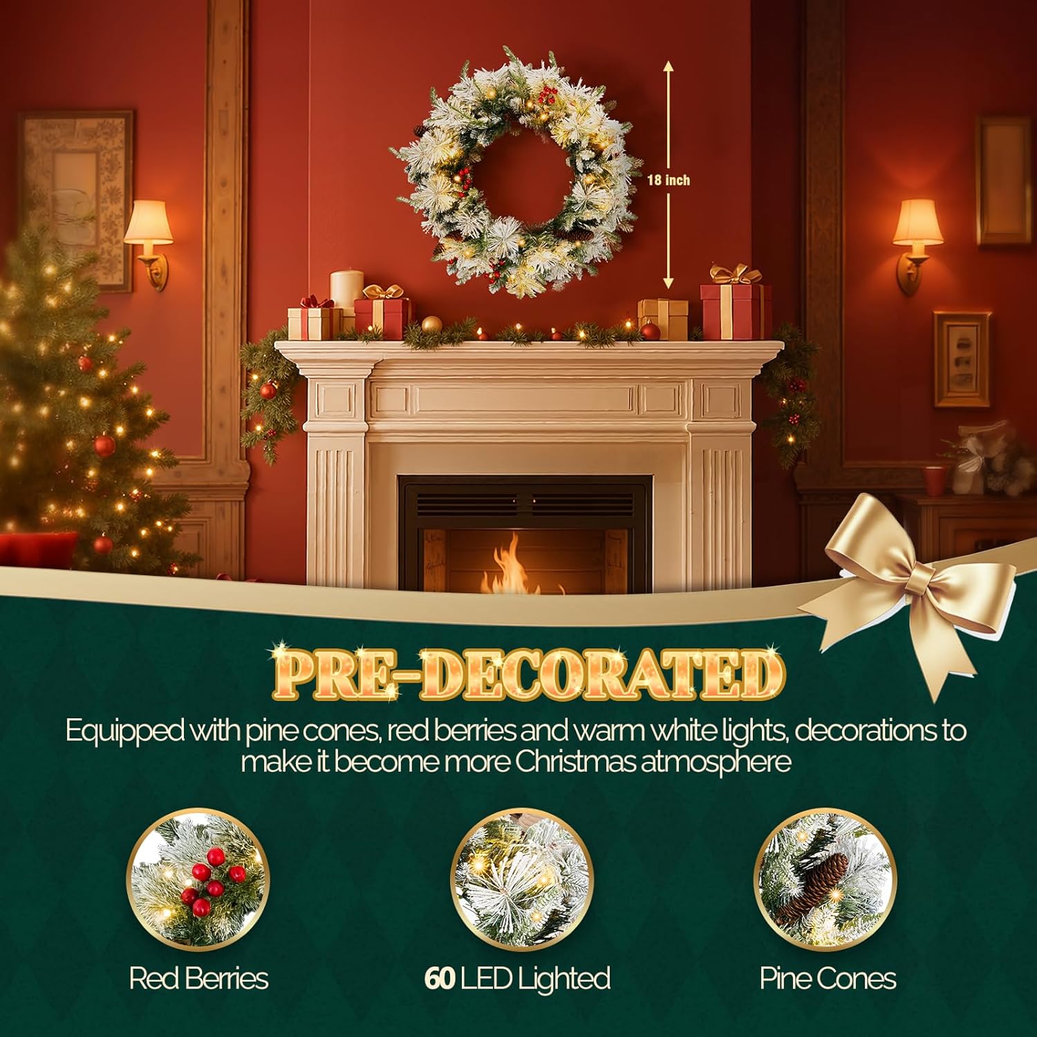 VINGLI 18 Inch Flocked Christmas Wreaths with Battery, Operated Lights - 60 LEDs, 140 PE/PVC Pine Tips, Pine Cones & Berries, Indoor/Outdoor Xmas Wreath Decor for Door, Window, Party(2 Pack)