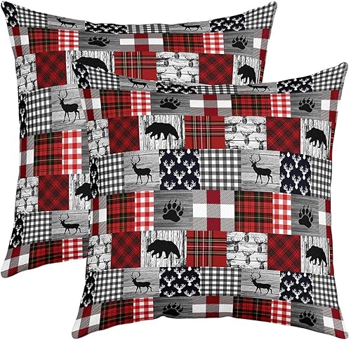 Fundas de almohada rústicas de retazos, fundas de cojín a cuadros para el hogar, cama, sofá, vida silvestre, oso, alce, pino, patrón de árboles de