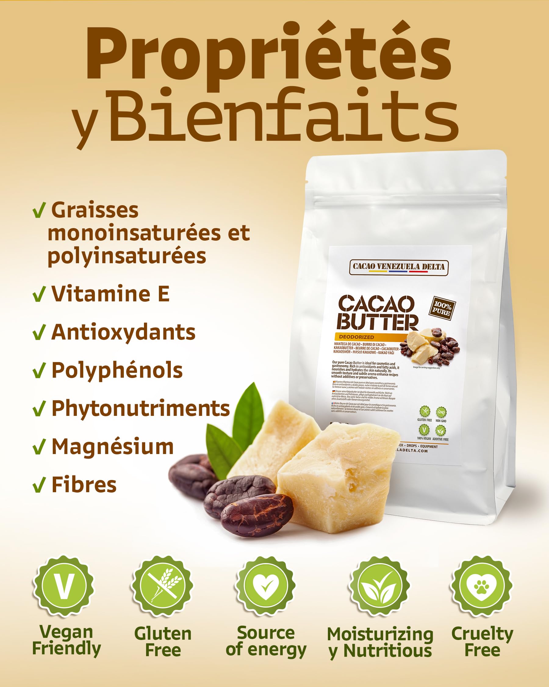 Cacao Venezuela Delta · 100% Kakaobutter · Desodoriert · 1 kg - Extra Qualität