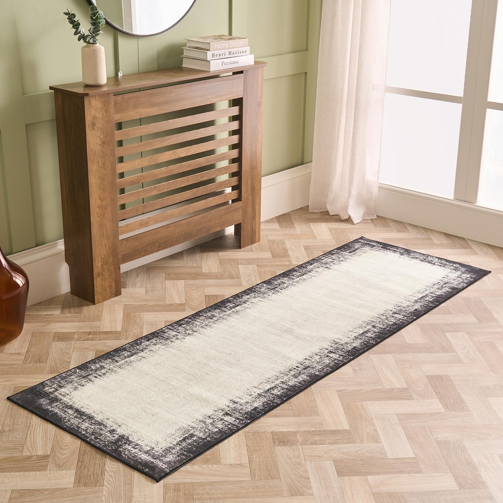 OHS Runner Rugs for Hallway Non-Slip, Abstract Printed Rugs Living Room Lounge Office Bedroom Washable Rug Kitchen Runner Low Pile Vintage Long Hallway Runner Bedroom Carpet, Monochrome - 66 x 200cm