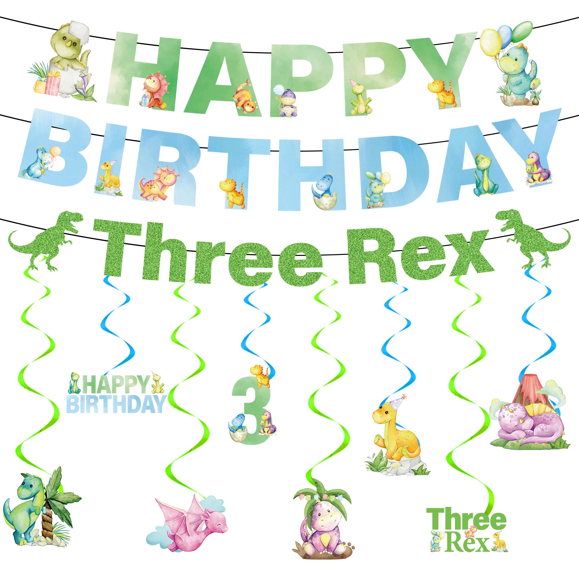 Dinosaur 3rd Birthday Decorations Boy - 11 Pcs Three Rex Party Decoration Including Happy Birthday Three Rex Banners Jungle Swirl Hangings for Kids Boys Green Dinosaur Themed Party Supplies