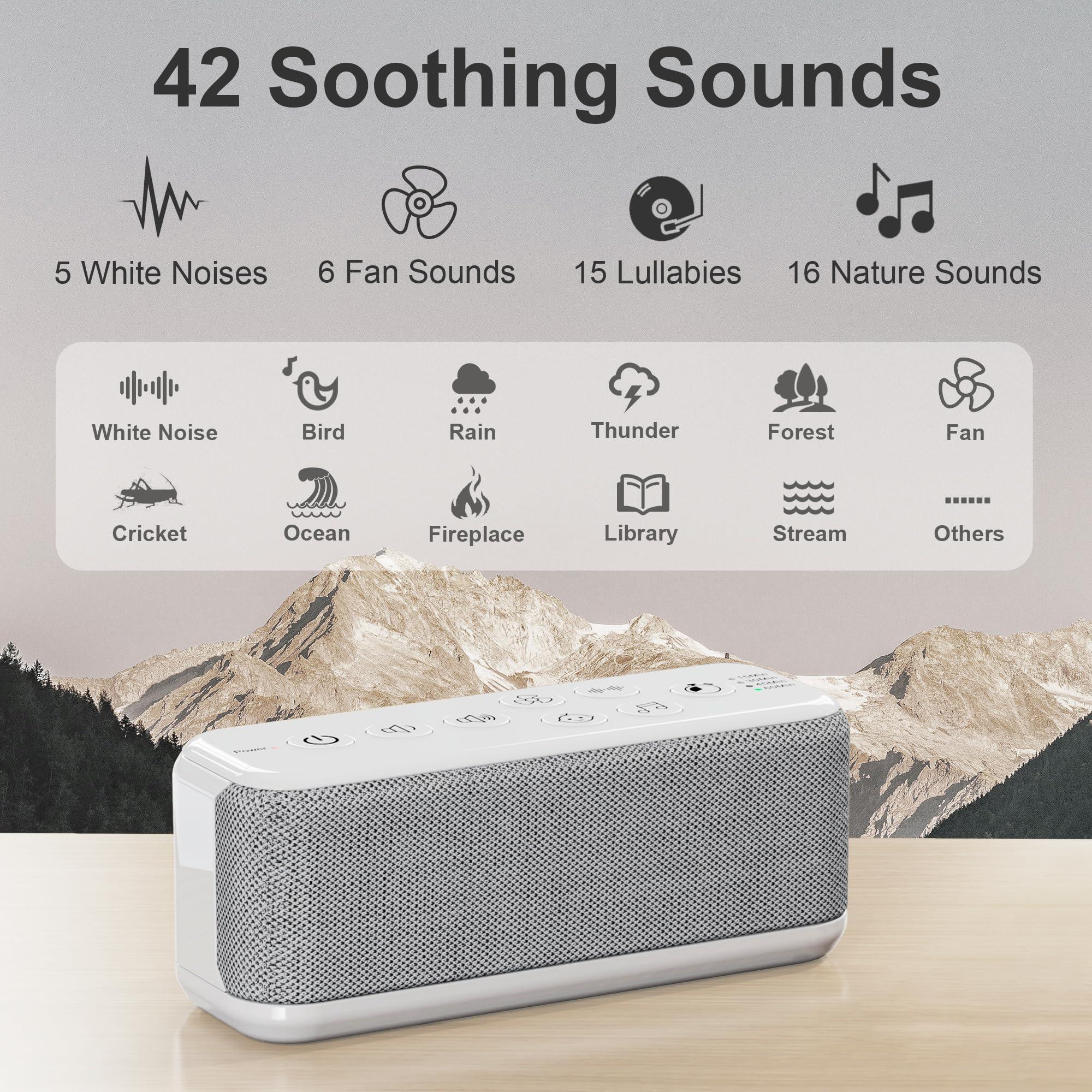 Raynic Máquina de ruido blanco para dormir con 42 sonidos relajantes, 5 temporizadores para bebés, niños, adultos, ancianos, máquina de ruido recargable por USB con conector para auriculares para el