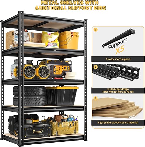 Miniatura 8 de REIBII Estantes de almacenamiento de 2000 libras, estantería de garaje de 5 niveles, estantería de metal resistente, estante de metal ajustable para