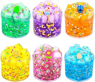 6 Pack Jelly Cube Crunchy Slime Kit, with Yellow, Pink, Purple, Green & Blue Clear Crunchy Slime, Super Soft Sludge Toy with Cute Charms, Party Favors Slime for Girls and Boys