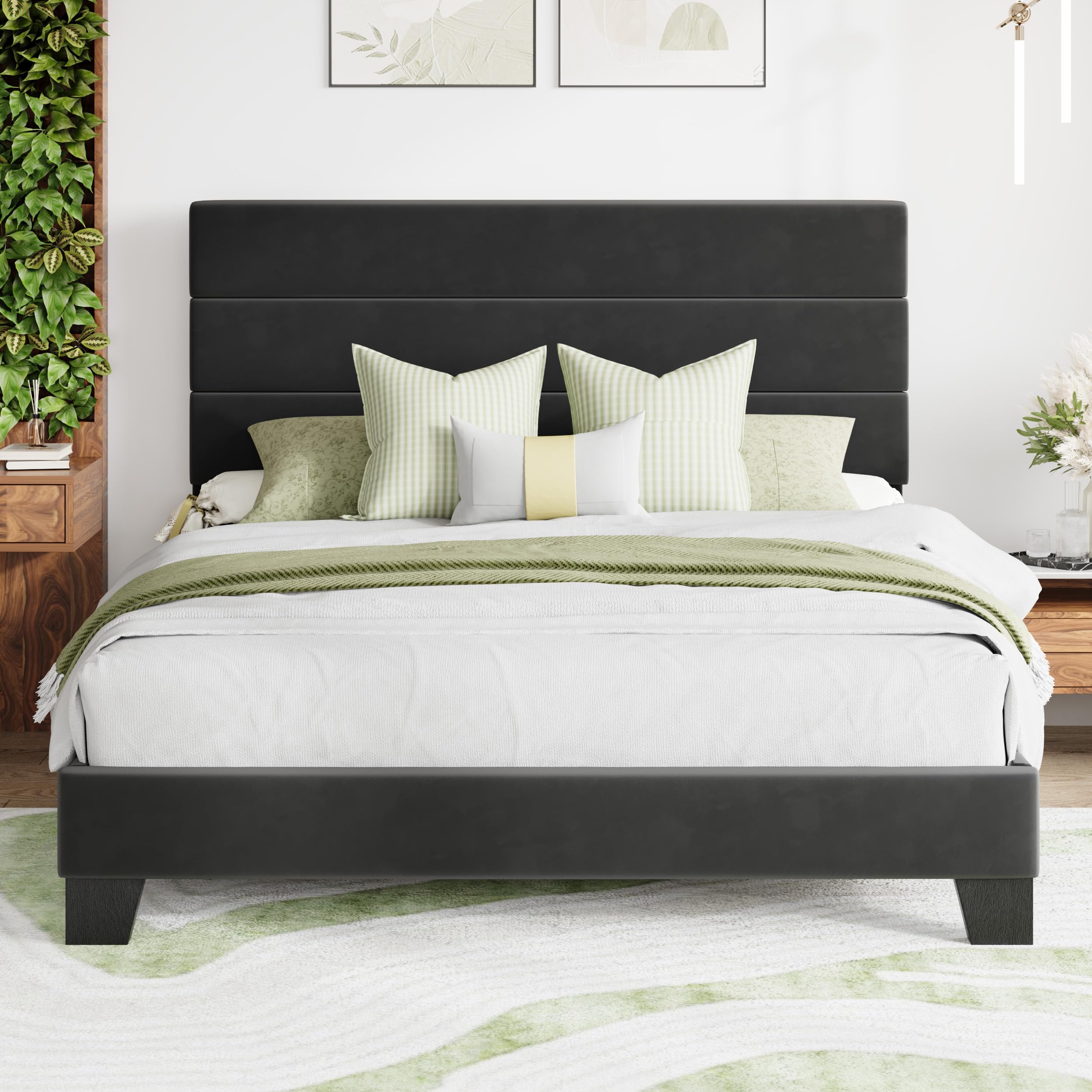 MUTICOR Cama Tapizada 160 x 200 cm con Almacenamiento Bajo la Cama – Estructura de Cama con Cabecero Tapizado de Terciopelo, Somier de Láminas de Madera, Estructura Acolchada, Fácil Montaje, Negro