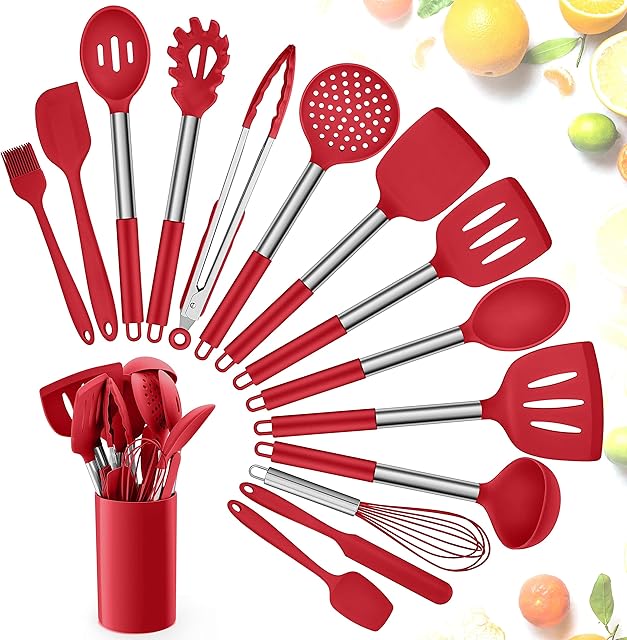 Kitchen Utensils Set, Herogo 15 Pcs Silicone Cooking Utensils with Holder, Non Stick & Heat Resistant Cooking Tools with Stainless Steel Handle, Silicone Spatula Whisk Spoon Turner Tongs, Red