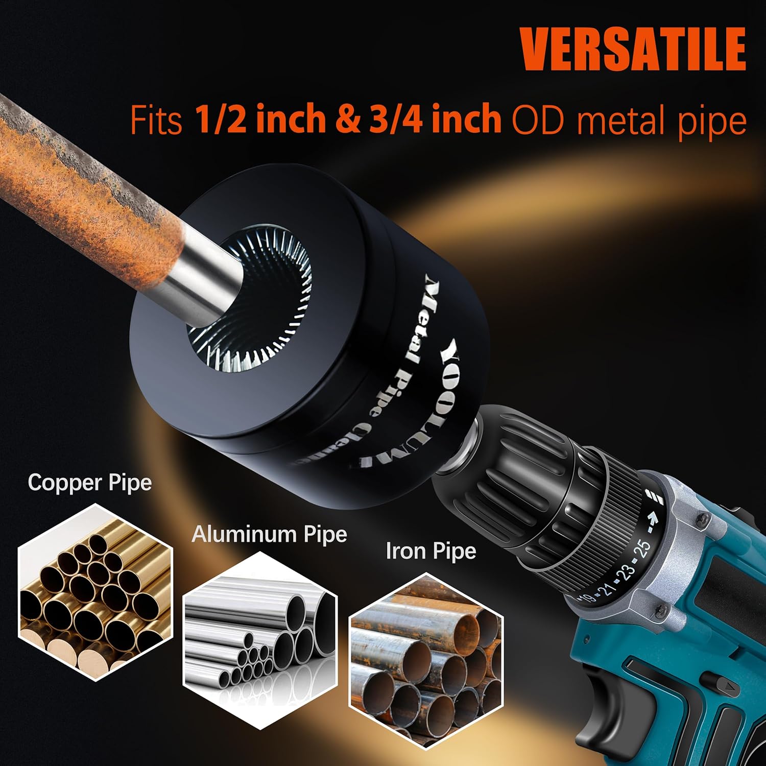 Copper Pipe Cleaner Kit for Drill (1/2" & 3/4"),Includes 2 PCS Replaceable Cleaner Brush and Pipe Brushes for Cleaning Rust,Solder Stains on Metal Pipe Cleaning Tool, Professional Plumber Tools Set