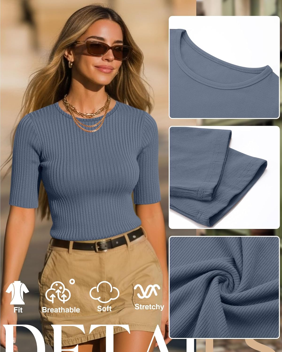 Riyiper 3 Pack Women's Elbow Length Tops, Half Sleeve Ribbed Cotton T Shirt Crew Neck Summer Tee Slim Fit Casual Blouses