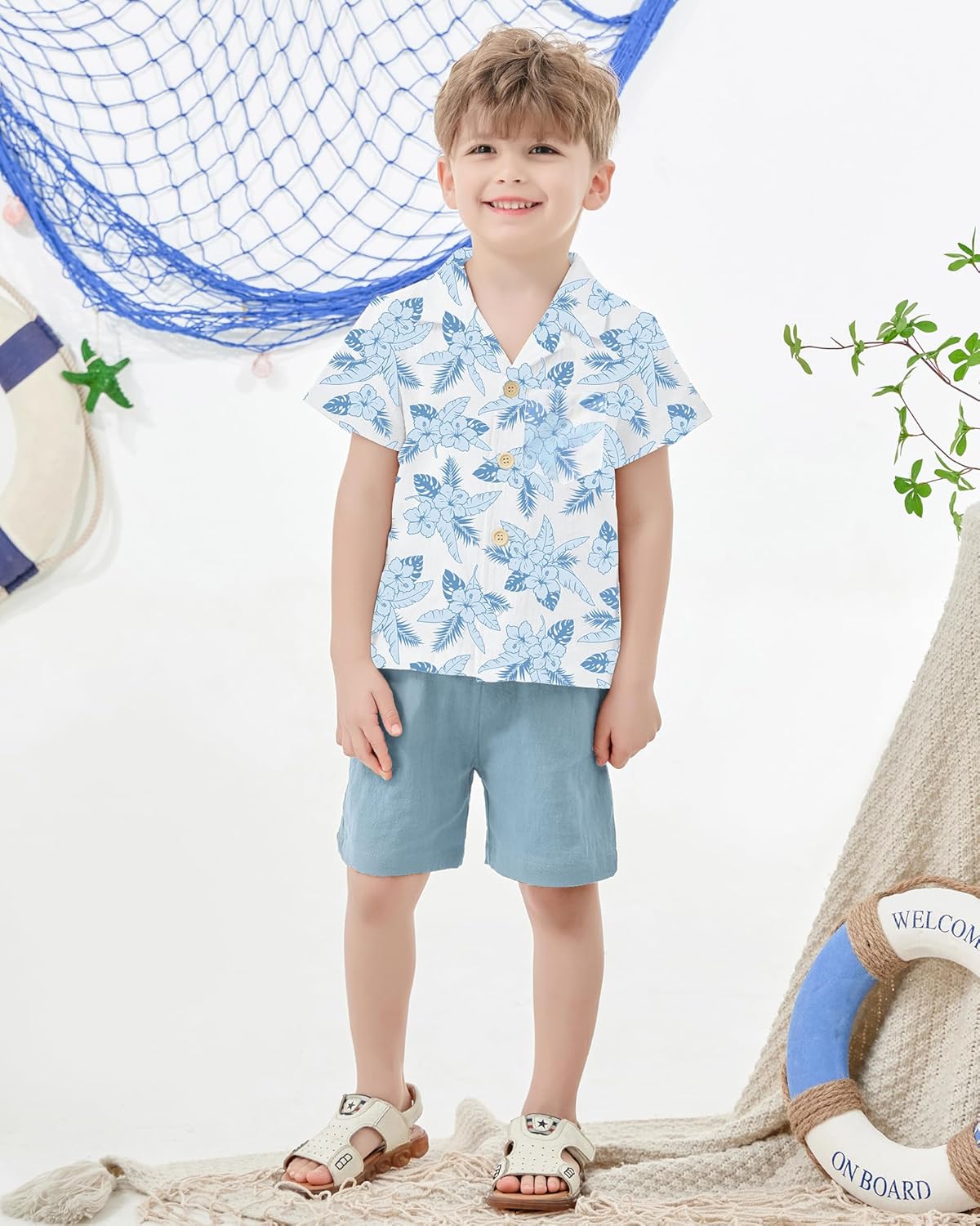YALLET Toddler Boy Clothes Summer Outfits Short Sleeve Button Down Shirt+Shorts Baby Boy Beach Casual Clothe 1-10 Years - Image 2