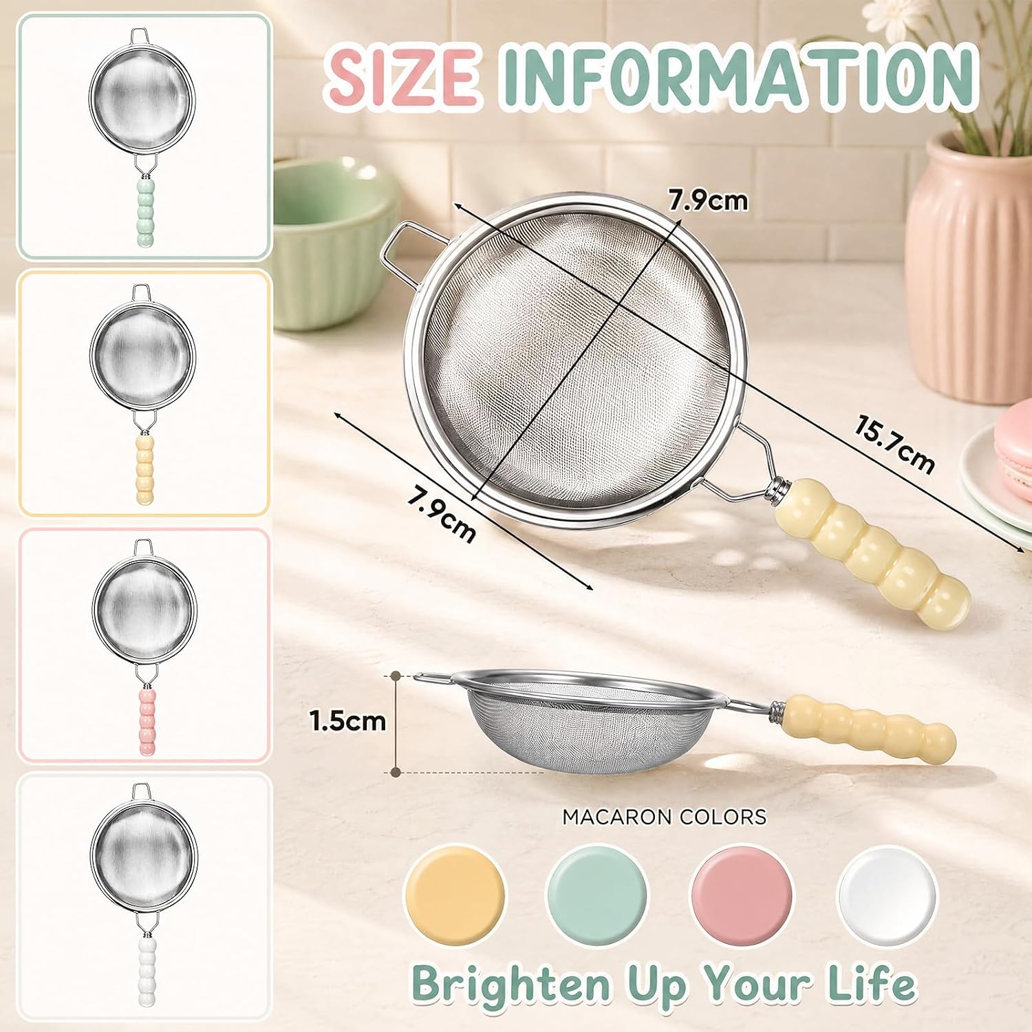 4 Pcs 3.1 in Mini Fine Mesh Strainer Set with Ceramic Handles