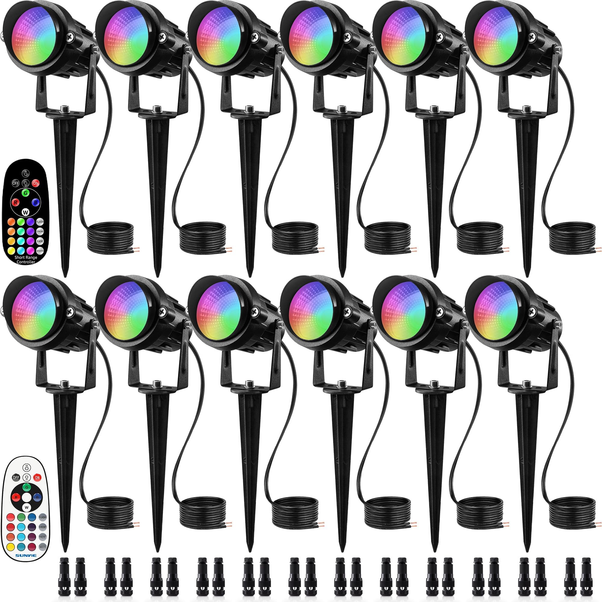 Photo 1 of SUNVIE RGBW Low Voltage Landscape Lights Color Changing 12W LED Landscape Lighting Outdoor Waterproof Remote Control for Garden Yard Pathway Christmas Decorative Lighting, 12 Pack with Connector