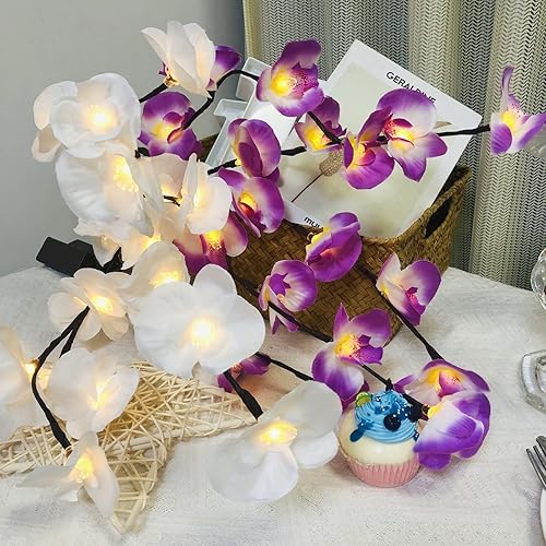 Miniatura 4 de Phalaenopsis - Paquete de 2 lámparas LED de rama de orquídea, ramo de orquídeas artificiales de mariposa, funciona con pilas para decoración del