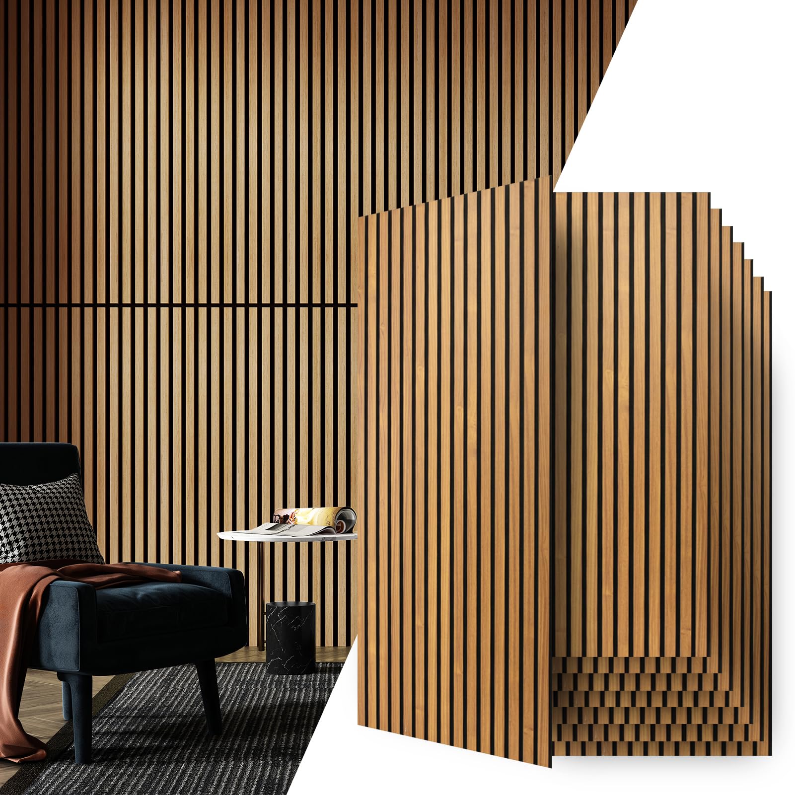 Art3d 8-Pack Fluted Acoustic Wood Slat Wall Panel, 47.2 x 23.6 Inch, Teak