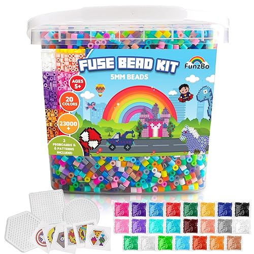 FUNZBO 23000+ 5mm Fuse Beads Kit - 23 Colors Refill Set with 3 Pegboards and 6 Patterns, Beads Crafts for Kids, Arts and Crafts Project, Toys Gifts for Girls and Boys Aged 5+ Years Old Gifts