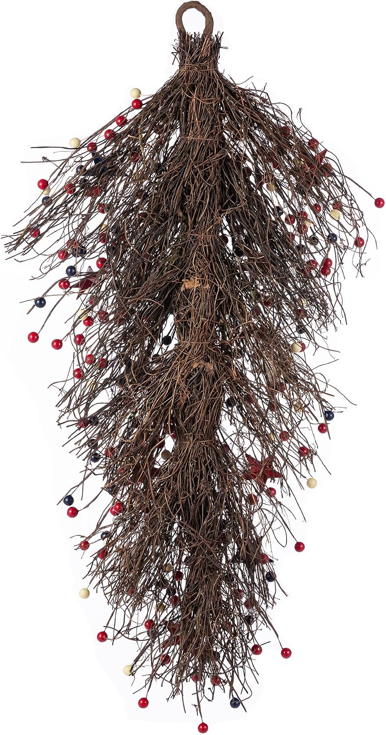Glitzhome Patriotic Teardrop Decor, 28" Stars and Berry Hanging Ornament, Red White Blue Wall Door Decor for 4th of July & Memorial Day Indoor Outdoor