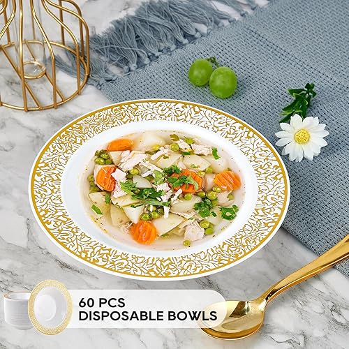 Miniatura 2 de JOLLY PARTY 60 cuencos desechables de plástico dorados para postre, cuencos de sopa de 12 onzas, adornos de encaje de Navidad y Acción de Gracias,