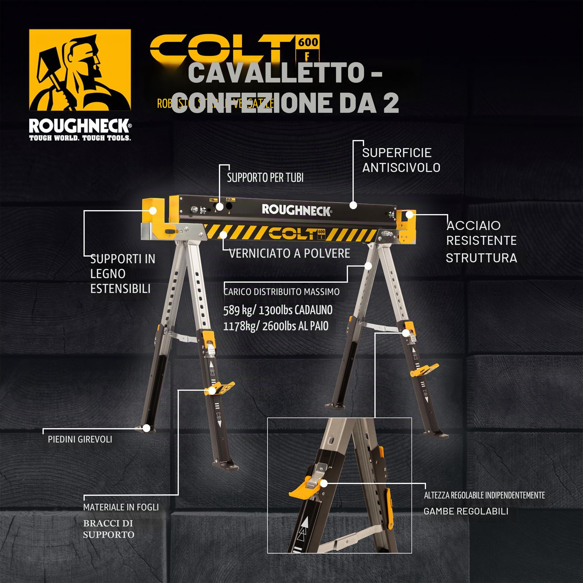 ROUGHNECK® COLT 600E Sawhorse, Heavy Duty Steel Construction, Weight-Baring Capacity 589kg each, 1178kg Per Pair with Height Adjustable Legs for Woodworking & Construction – 2 Pack
