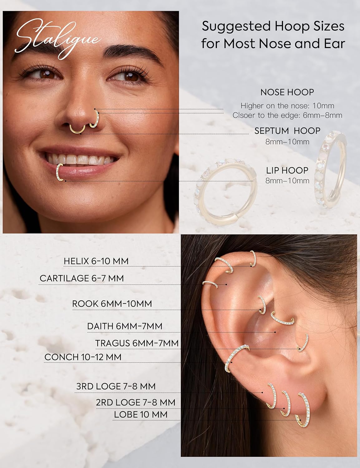 Staligue G23 Titanium Nose Rings Hoops - Opal and CZ 20G Nose Hoops for Women Men, Hinged Nose Ring Piercing Jewelry Septum Clicker Rings Cartilage Earring Conch Helix Piercing Jewelry 6/7/8/10mm - Image 5