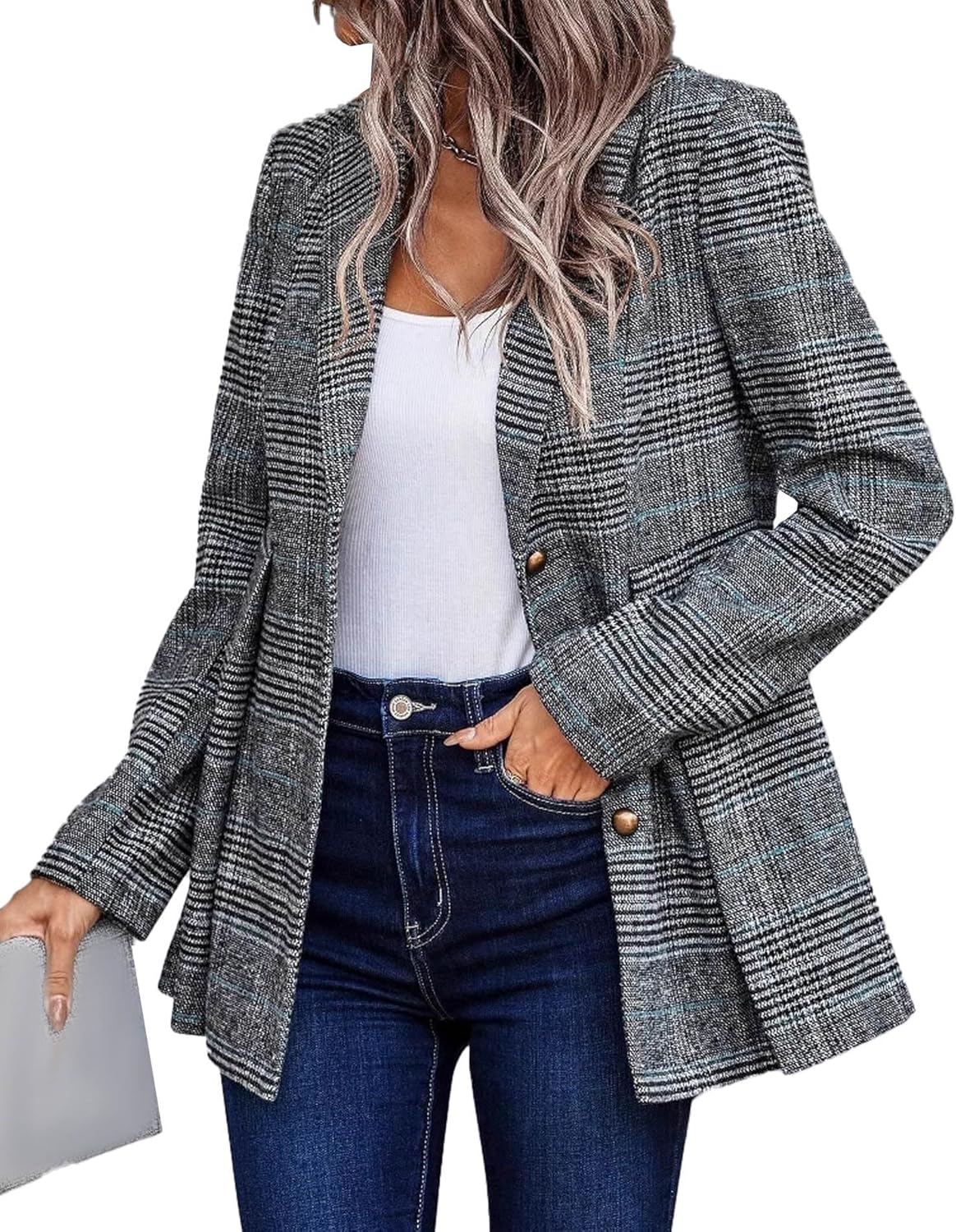 Unifizz Plaid Blazer Jacket for Womens Long Sleeve 2025 Work Office Blazer Lapel Button Work Formal Blazer Jackets