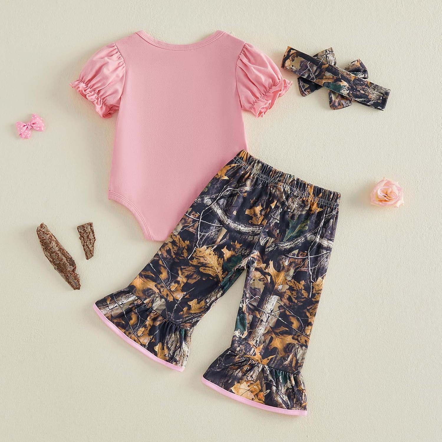 Newborn Baby Girl Hunting Clothes Deer Puff Short Sleeve Romper Jungle Camo Flare Pants Set 3 Piece Summer Outfit