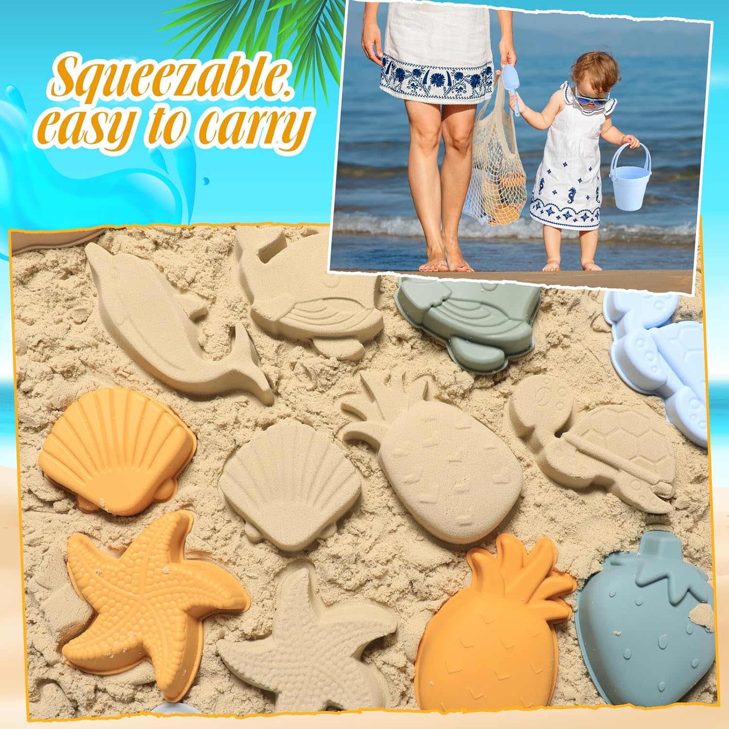 Civaner 15 Pcs Silicone Beach Toys Travel Friendly Beach Set Includes Shovel, Rake, Silicone Bucket,10 Sand Molds, Watering Can, Mesh Bag, Outdoor Baby Sand Travel Toys for Boys, Girls