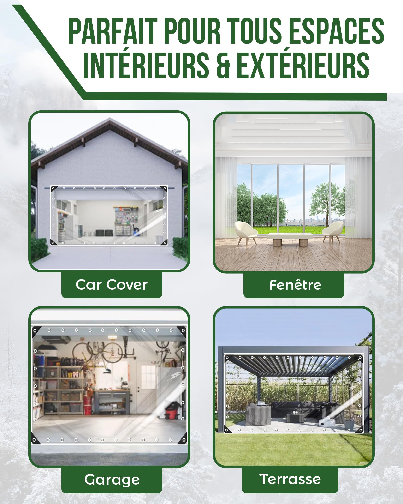 FoundGo Bâche Transparente Extérieur 2x2m avec Oeillets, PVC 420g/m² Imperméable Anti‑Déchirure Renforcée, Bâche Protection Pergola Terrasse Véranda Serre, Corde et Serre‑Câbles Inclus