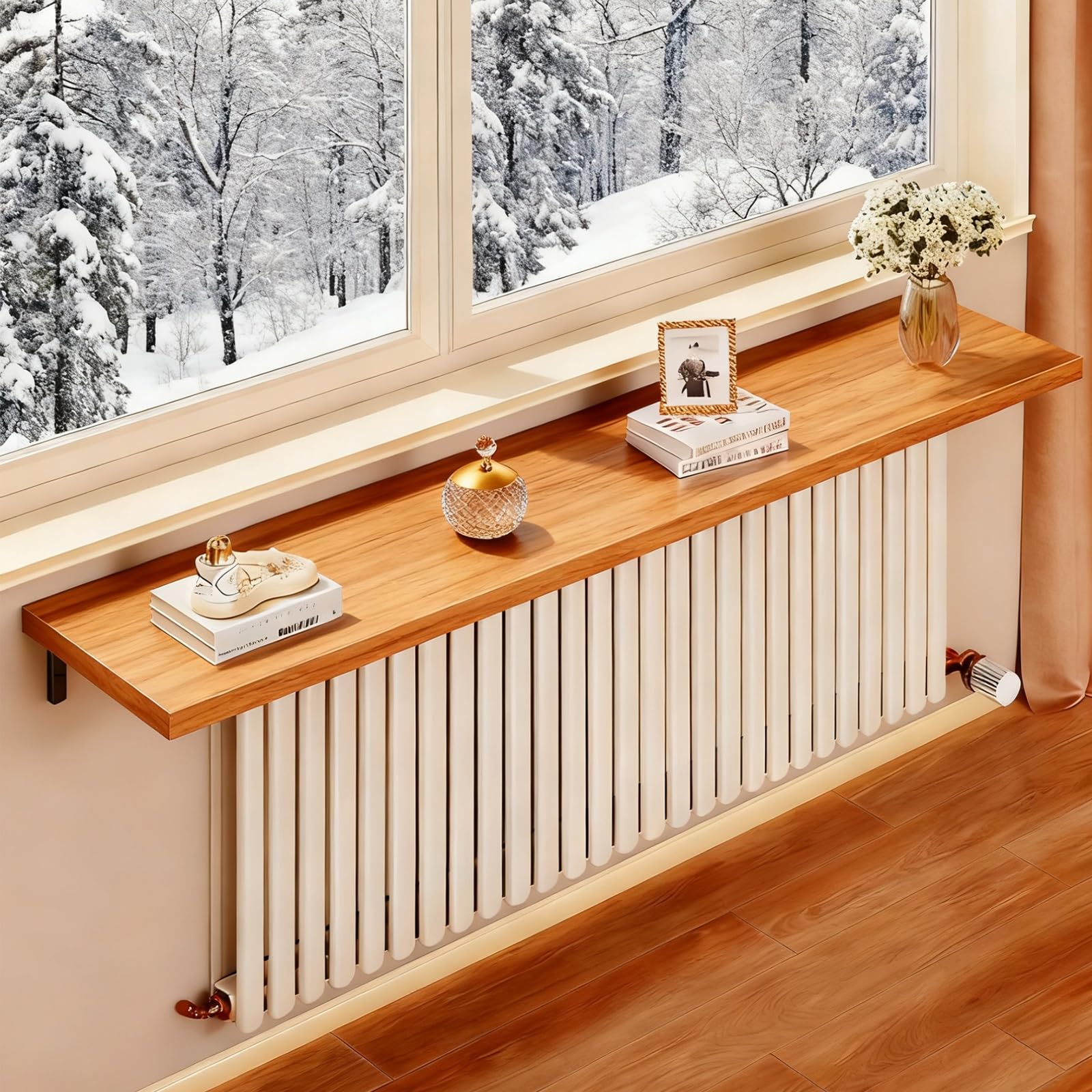 Drewniana Półka na Grzejnik, Osłona na Kaloryfer, Pyłoszczelna z Uchwytem, ​​do Salonu, Sypialni i Korytarza(Beige,80x20cm/32x8in)
