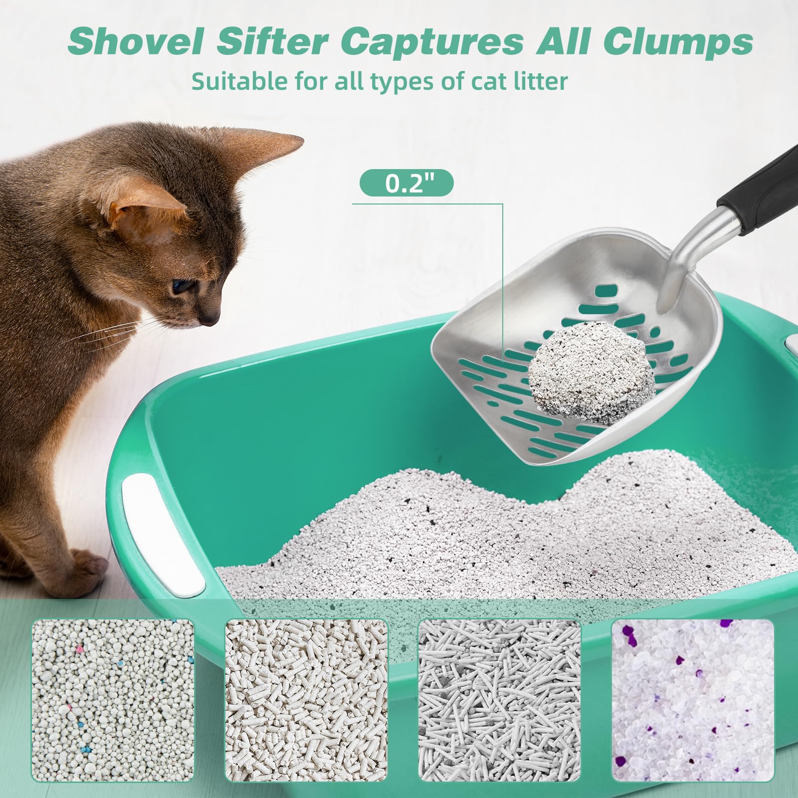Mfsdai Cat Litter Scoop with Holder Aluminum Cat Poop Scooper with Ergonomic Long Handle Fast Sifting Heavy Duty and Easy Clean for Kitten Litter Box(Green) - Image 3