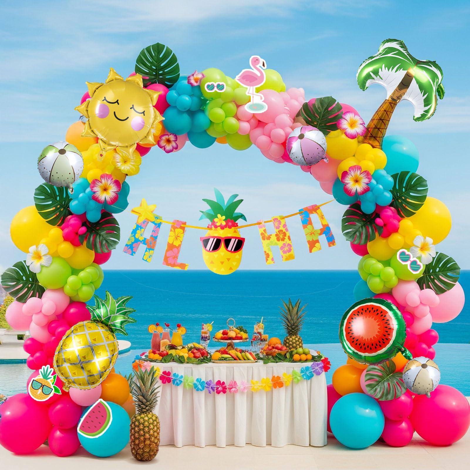 Strand-Pool-Party-Dekorationen enthalten buntes Ballon-Girlanden-Set, Ananas, Kokosnussbaum, Sonne, Wassermelone, Obst, Strandball, Folienballon für tropische Sommercamp-Dekorationen, Partyzubehör