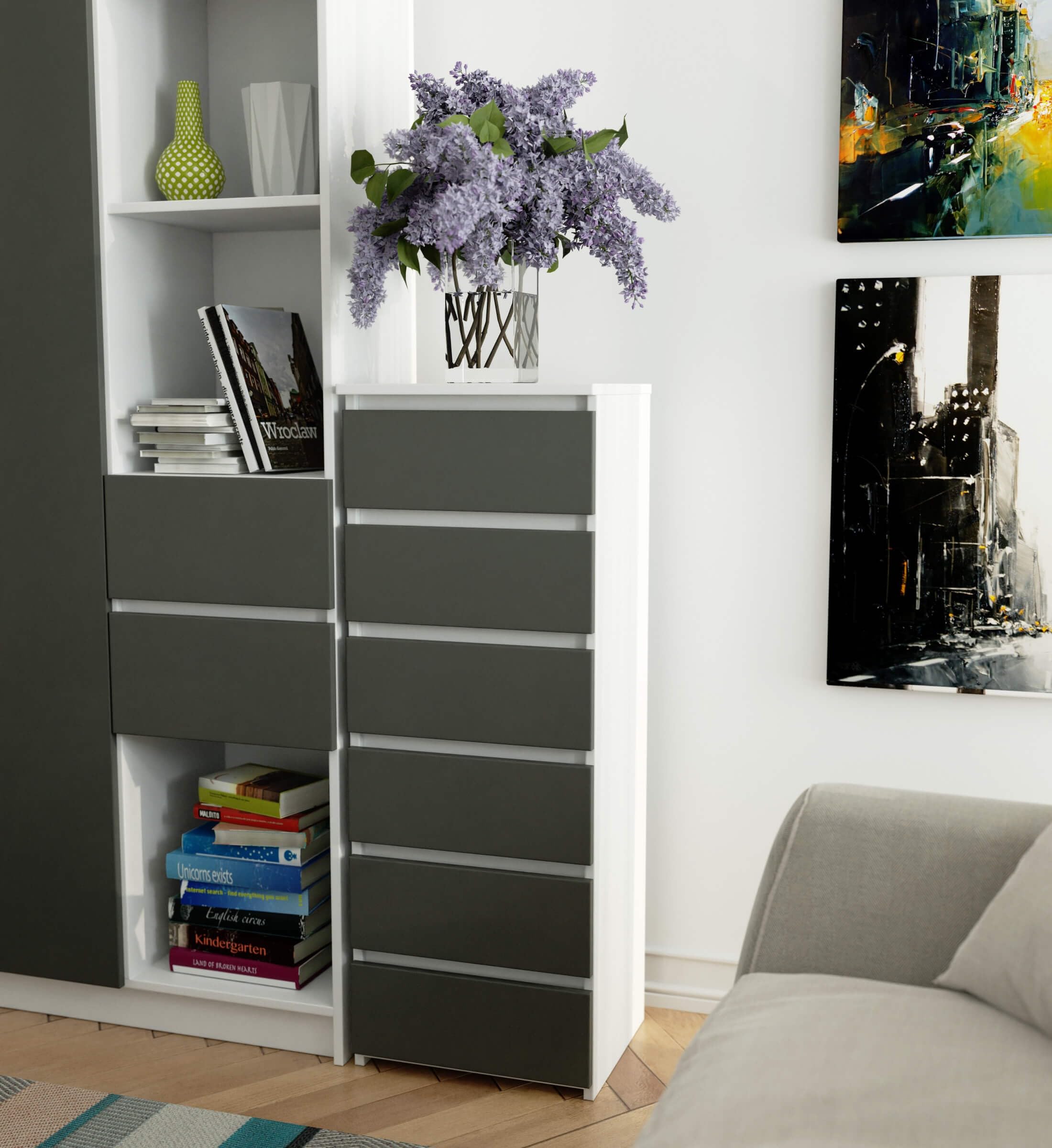 Kommode mit 6 Schubladen Kommode Schlafzimmer Flur Wohnzimmer Organizer Kommode mit Schubladen 40 cm breit 109 cm hoch | weiß graphit Holz Highboard Sideboard Mehrzweckschrank Schrank schmal