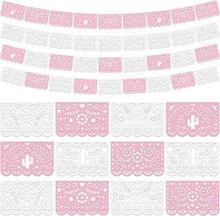 Tiamon 4 Pack Papel Picado Banners for Mexican Fiesta Decor, Pink White